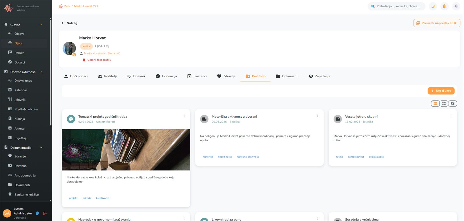 Portfolio djeteta - projekti, aktivnosti i zapažanja s preuzimanjem PDF-a